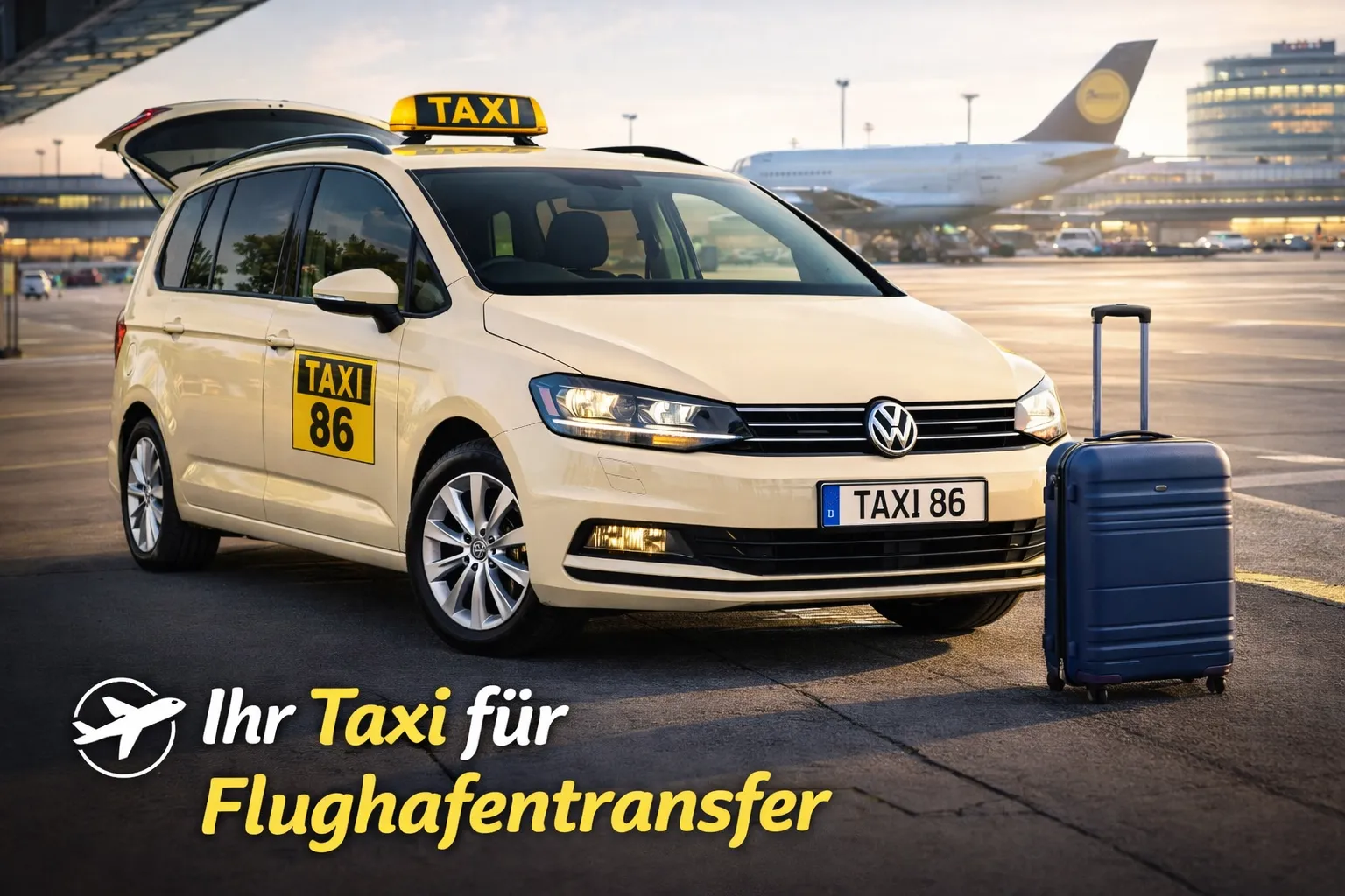 Cremefarbenes VW-Taxi von Taxi Garmisch Yavuz am Flughafen, bereit für den Flughafentransfer nach München
